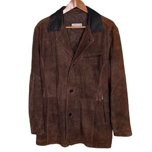 Gimo’s Barn Jacket Chore Coat Brown Suede Blk Leather Trim Heavyweight Italy 54